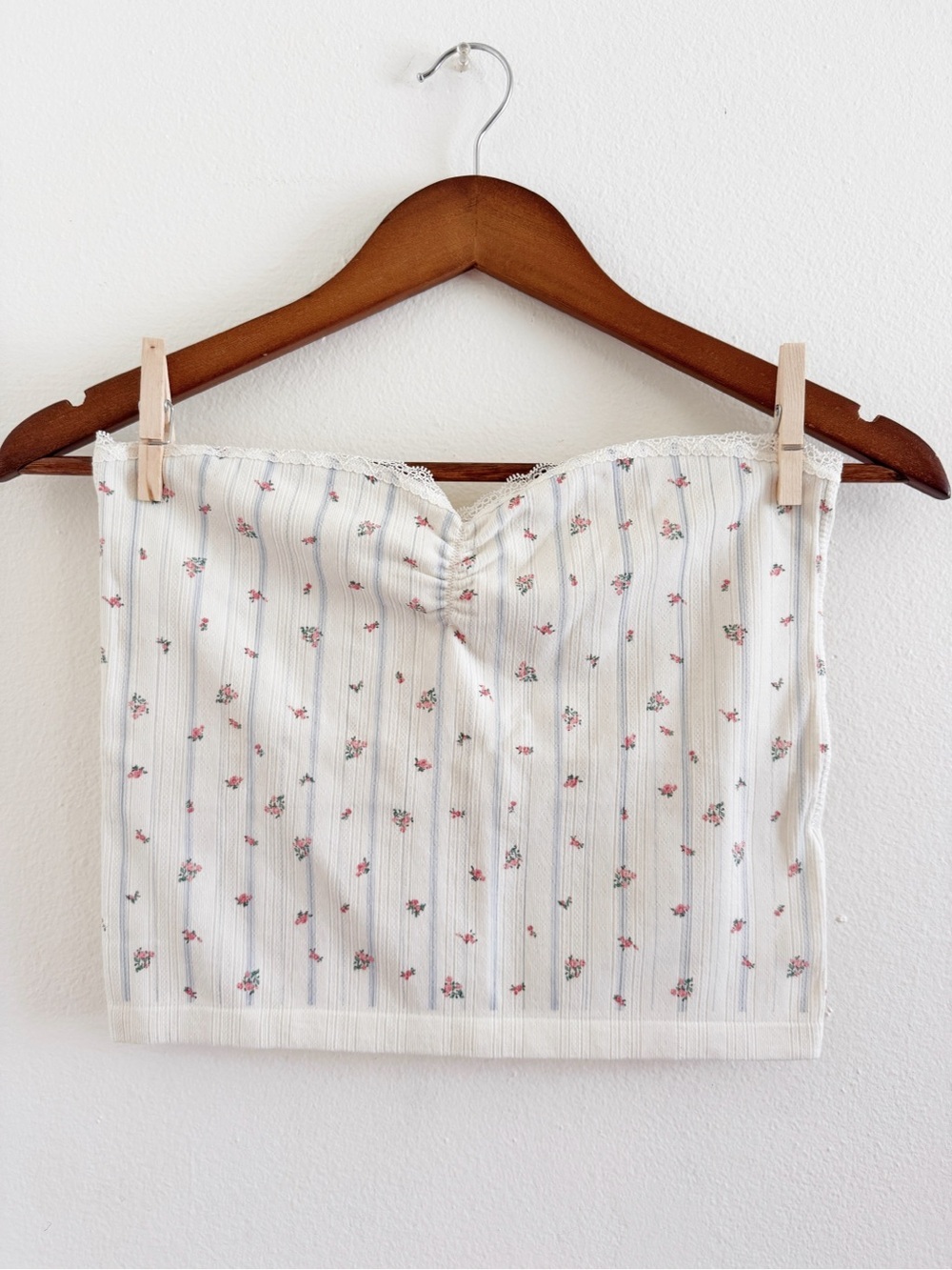 Pink Rose Floral Cream Ribbed Tube Top with Blue Pinstripes L/XL